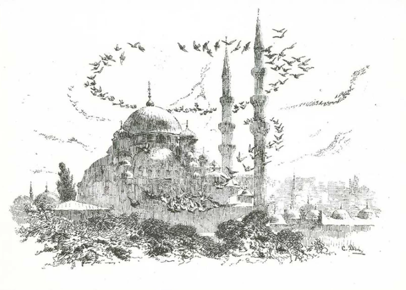 Moschea con uccelli in volo
